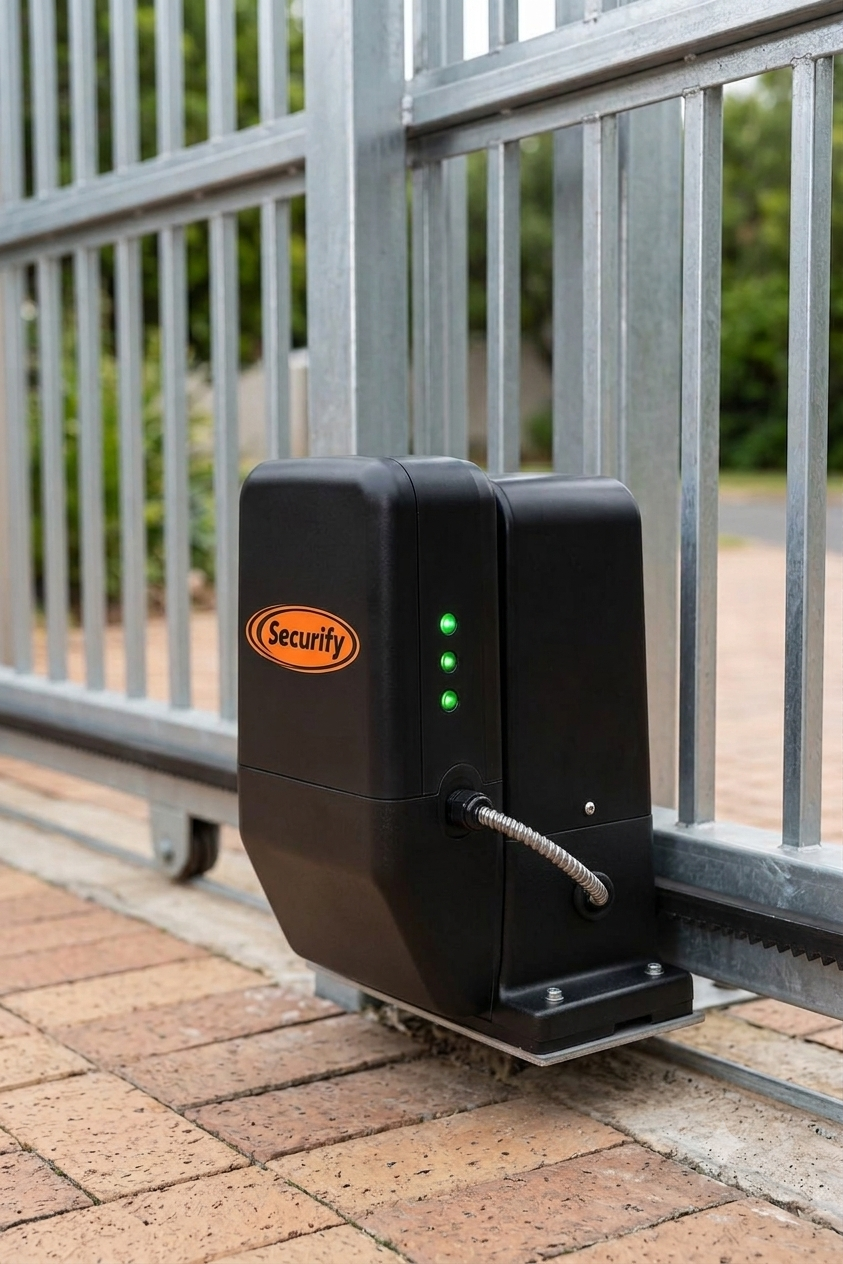 Securify Gate Motor Alarm sensor unit in close detail, showing mounting and wiring